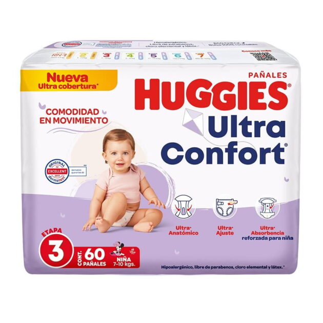 Pañales Huggies UltraConfort etapa 3 niña 60 piezas
