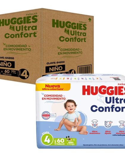 HUGGIES UltraConfort Pañal Desechable para Bebé, Etapa 4, Niño, Caja con 180 Piezas, Ideal para Bebés de 9 a 12 kg