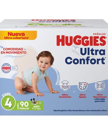 Huggies UltraConfort Pañal Desechable para Bebé, Etapa 4 Niño, Caja con 90 piezas, Ideal para Bebés de 9 a 12 kg